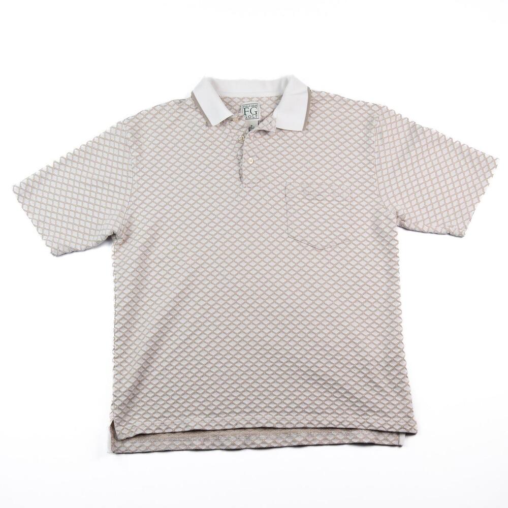 Y2K Field Gear FG Golf Polo Shirt Mens Medium Tan White Pattern Cotton Pocket